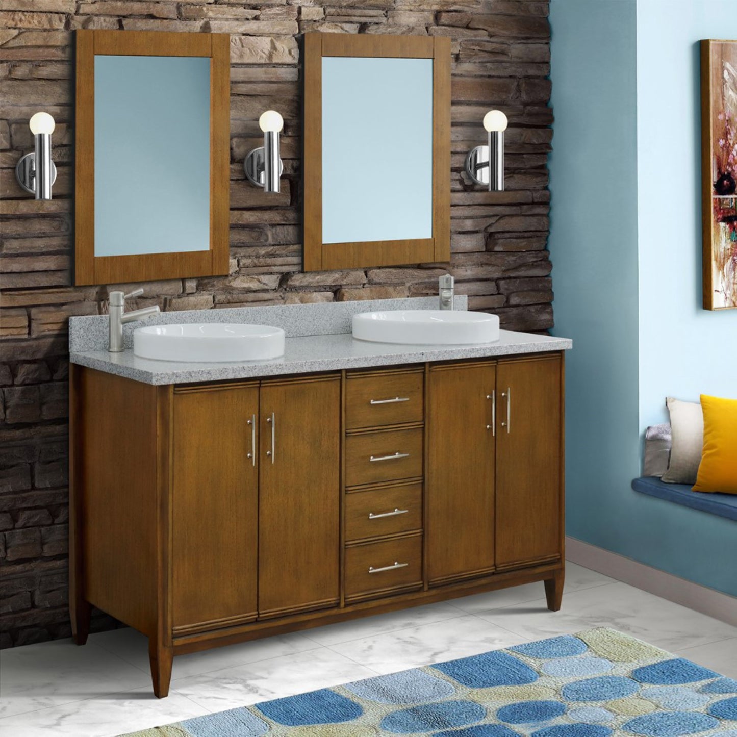 61" Double sink vanity in Walnut finish with Gray granite and round sink