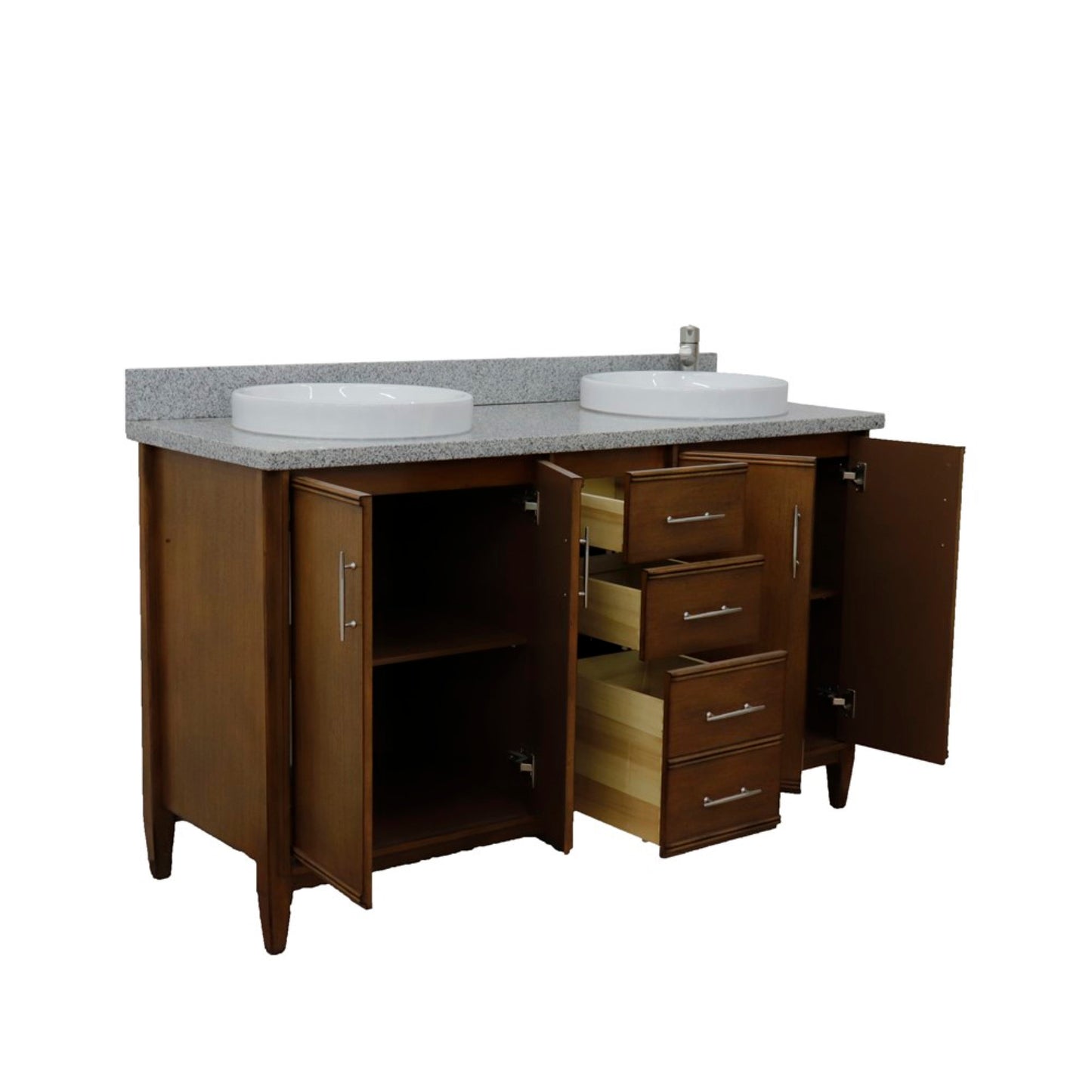 61" Double sink vanity in Walnut finish with Gray granite and round sink