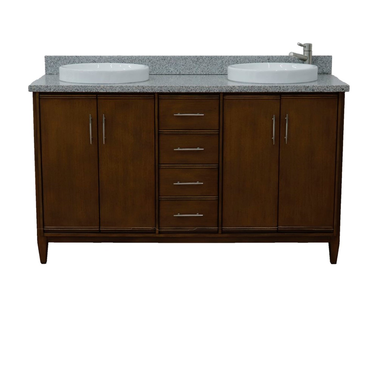 61" Double sink vanity in Walnut finish with Gray granite and round sink