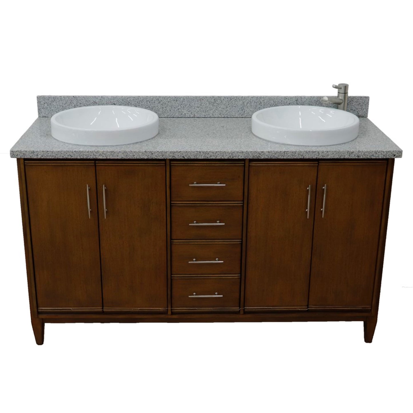 61" Double sink vanity in Walnut finish with Gray granite and round sink