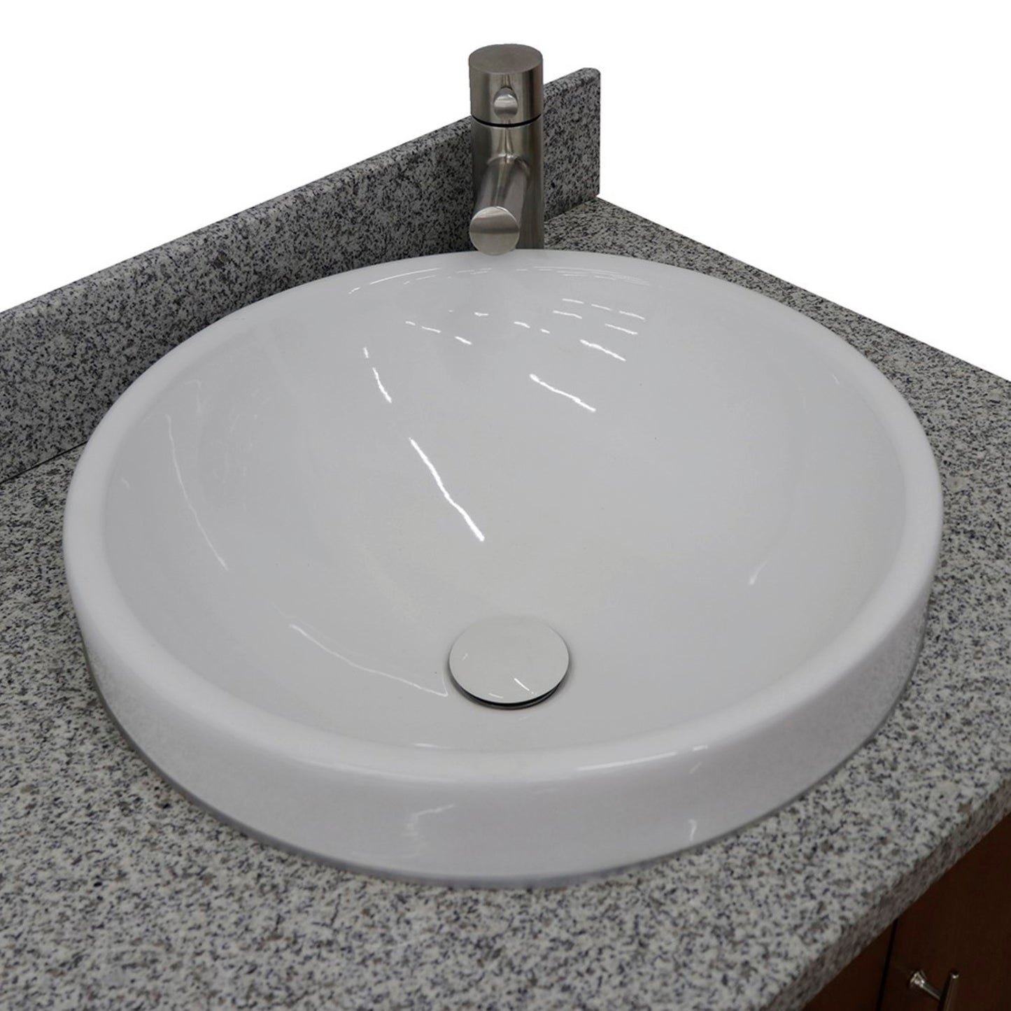 61" Double sink vanity in Walnut finish with Gray granite and round sink