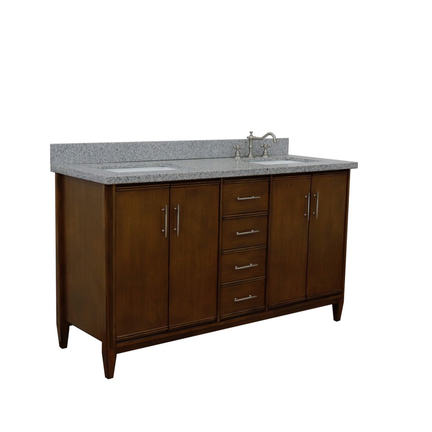 61" Double sink vanity in Walnut finish with Gray granite and rectangle sink