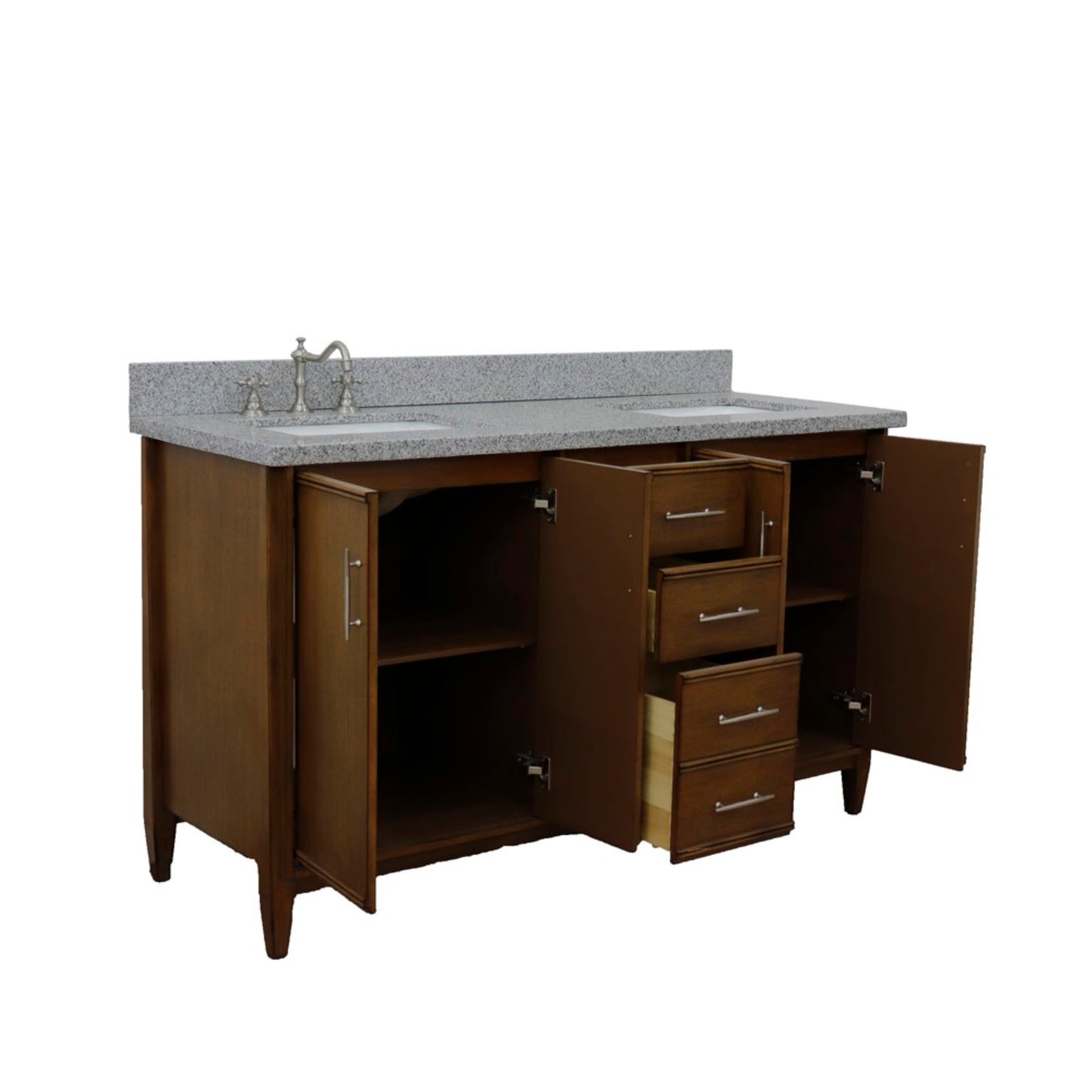61" Double sink vanity in Walnut finish with Gray granite and rectangle sink