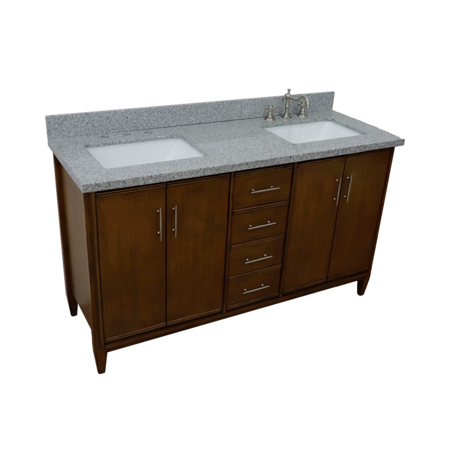 61" Double sink vanity in Walnut finish with Gray granite and rectangle sink