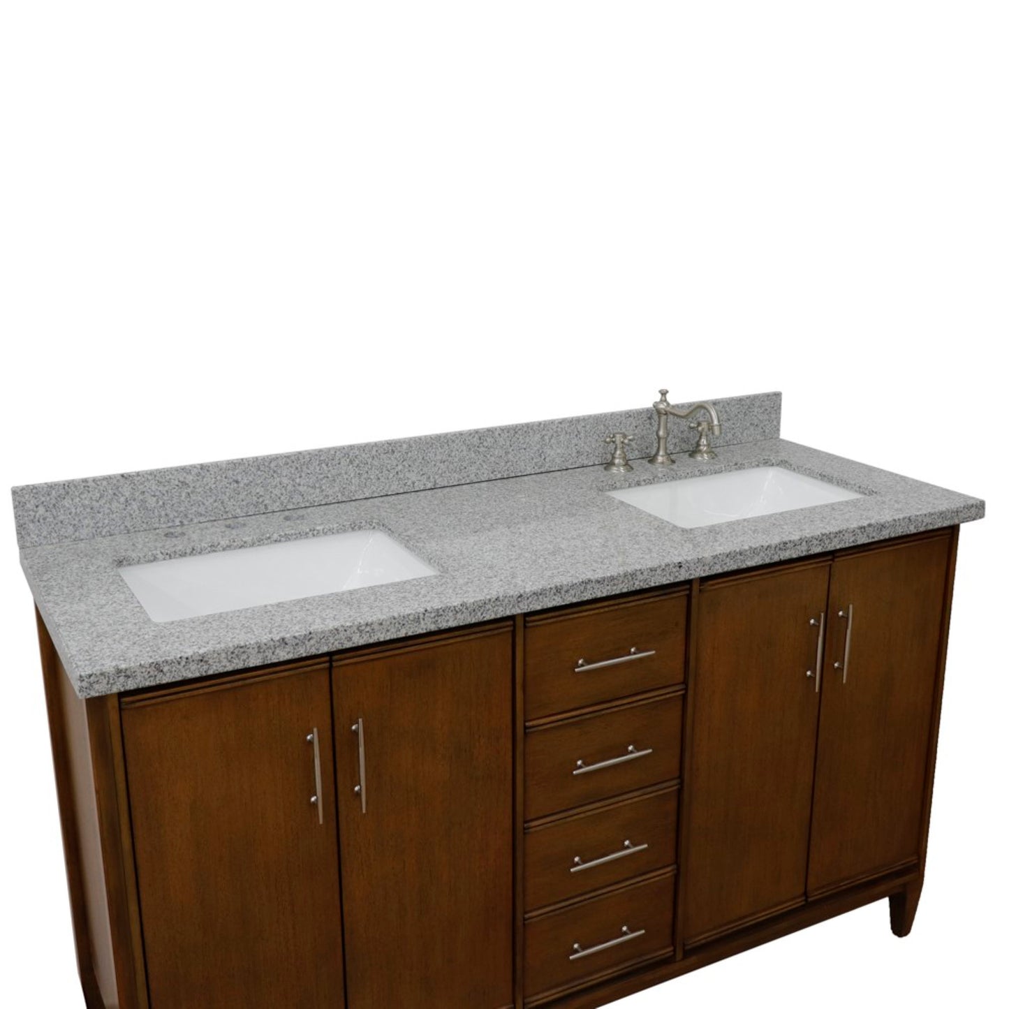 61" Double sink vanity in Walnut finish with Gray granite and rectangle sink