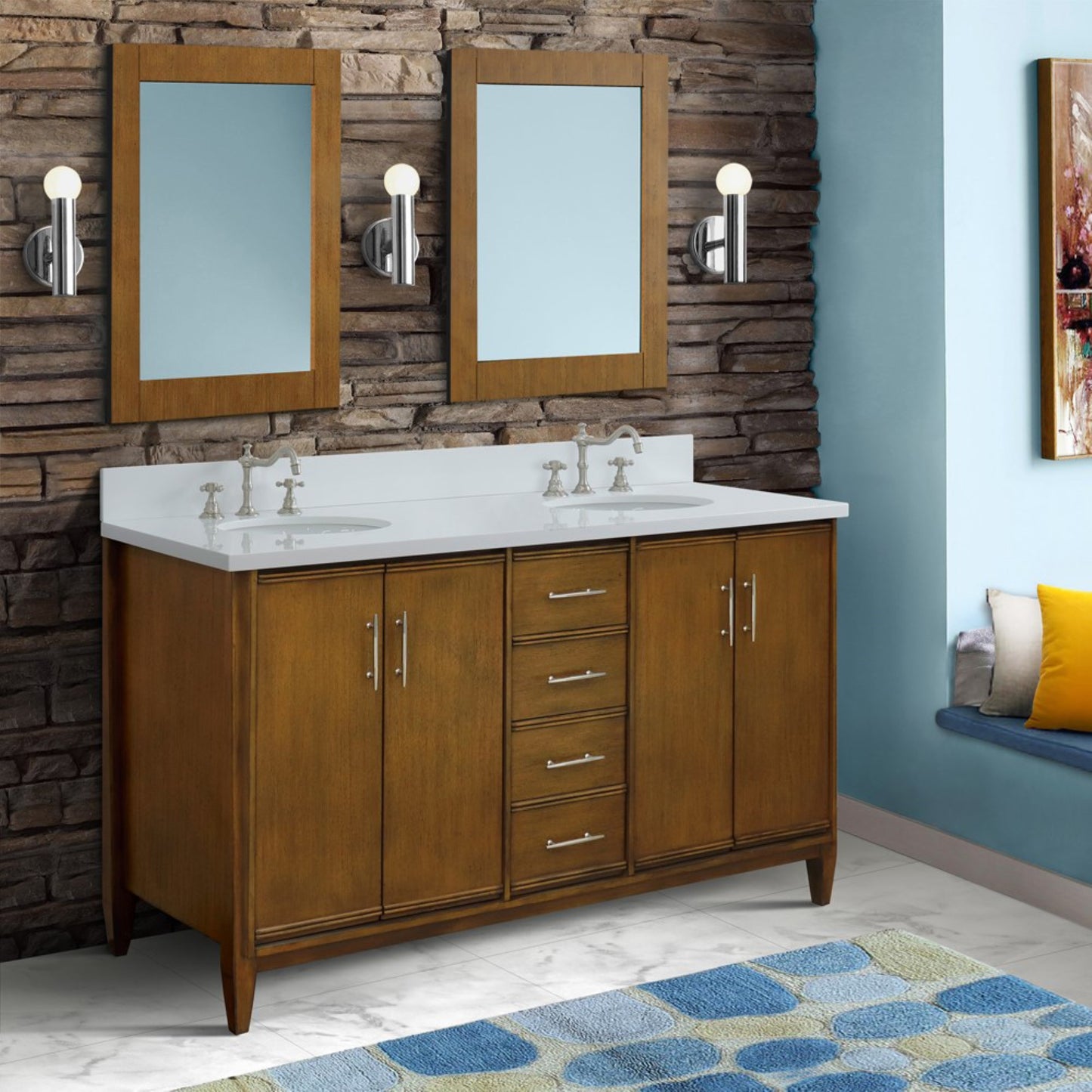 61" Double sink vanity in Walnut finish with White engineered stone and oval sink