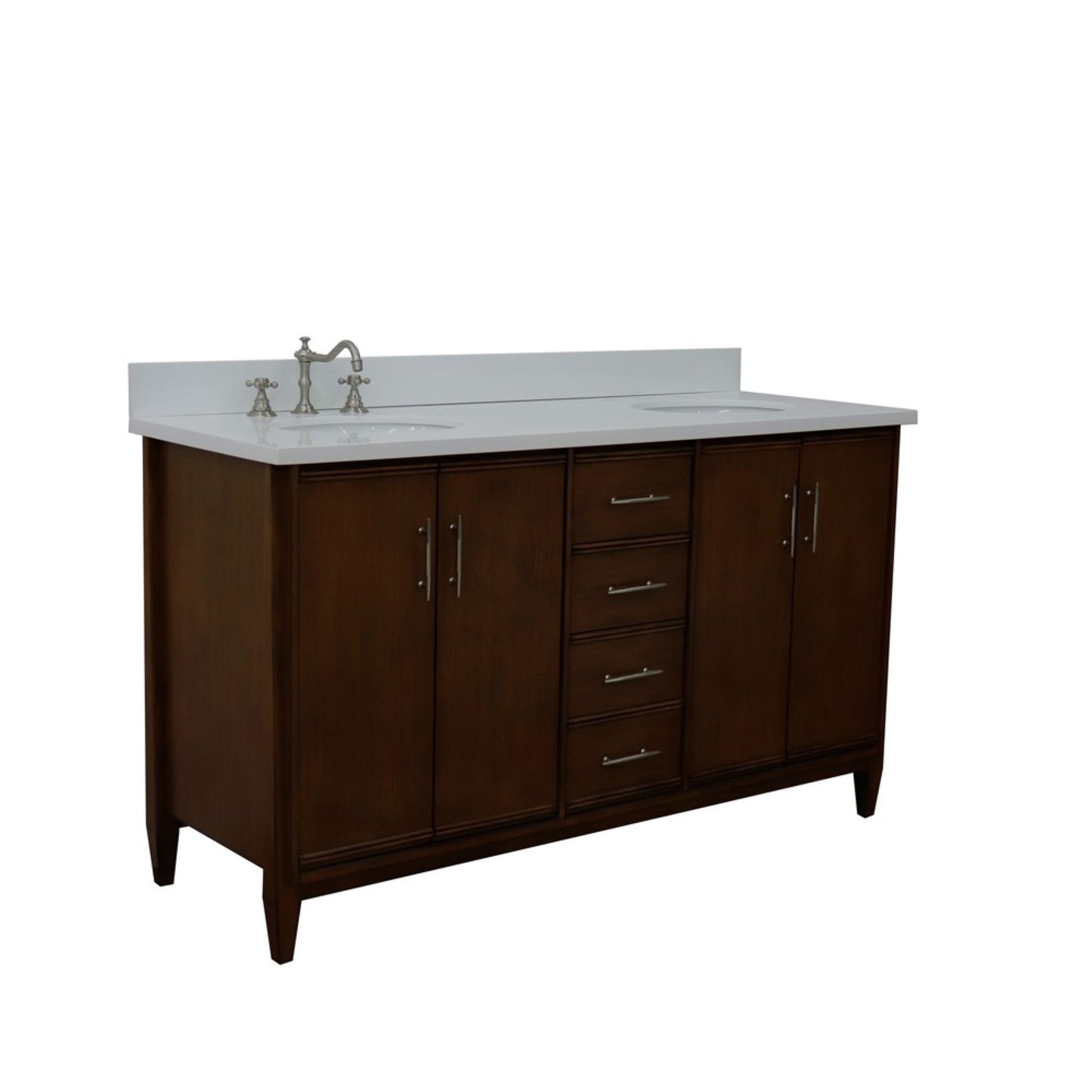 61" Double sink vanity in Walnut finish with White engineered stone and oval sink
