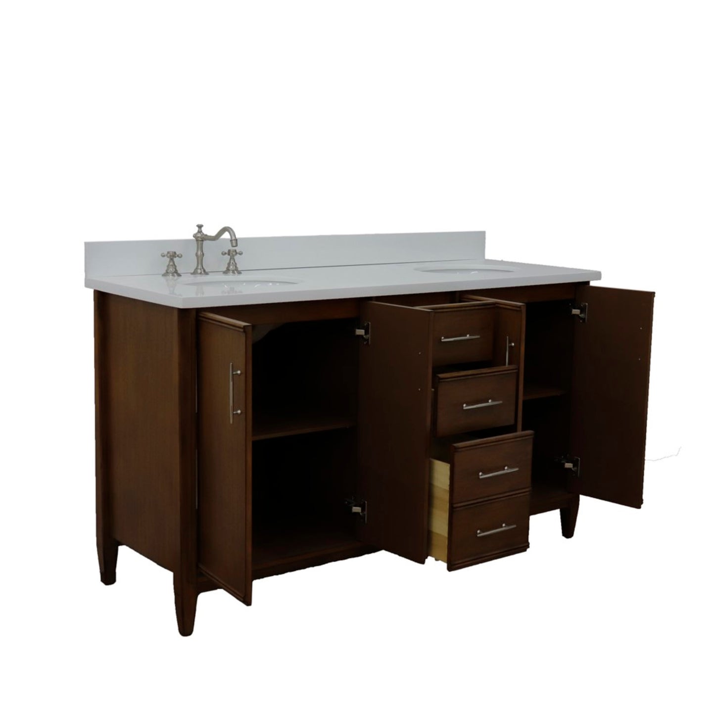 61" Double sink vanity in Walnut finish with White engineered stone and oval sink