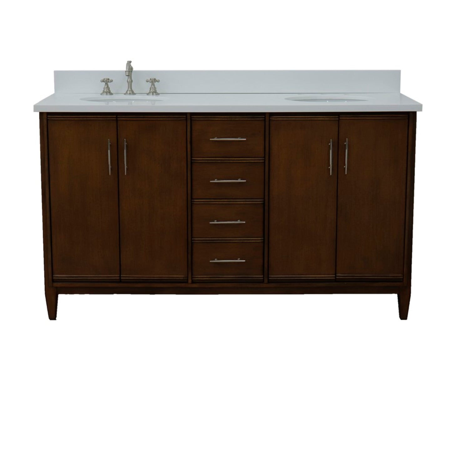 61" Double sink vanity in Walnut finish with White engineered stone and oval sink