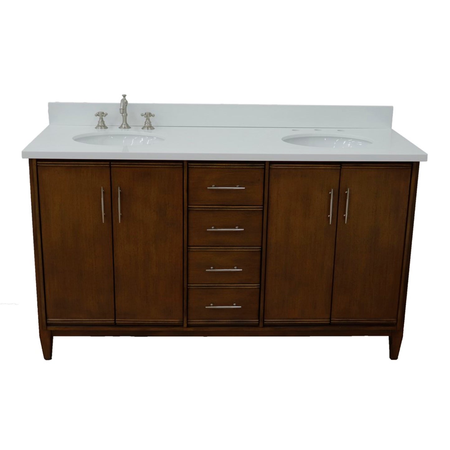 61" Double sink vanity in Walnut finish with White engineered stone and oval sink
