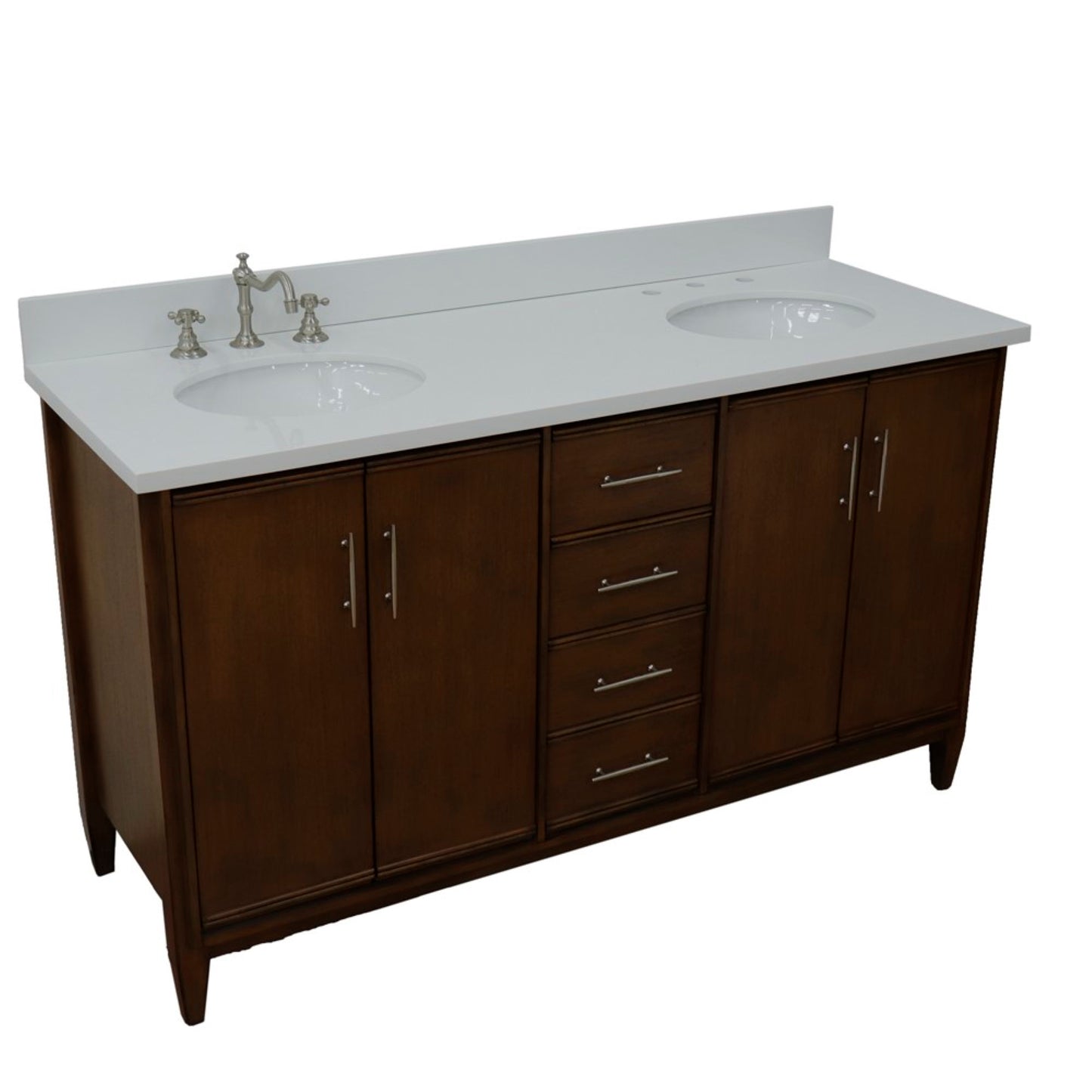 61" Double sink vanity in Walnut finish with White engineered stone and oval sink