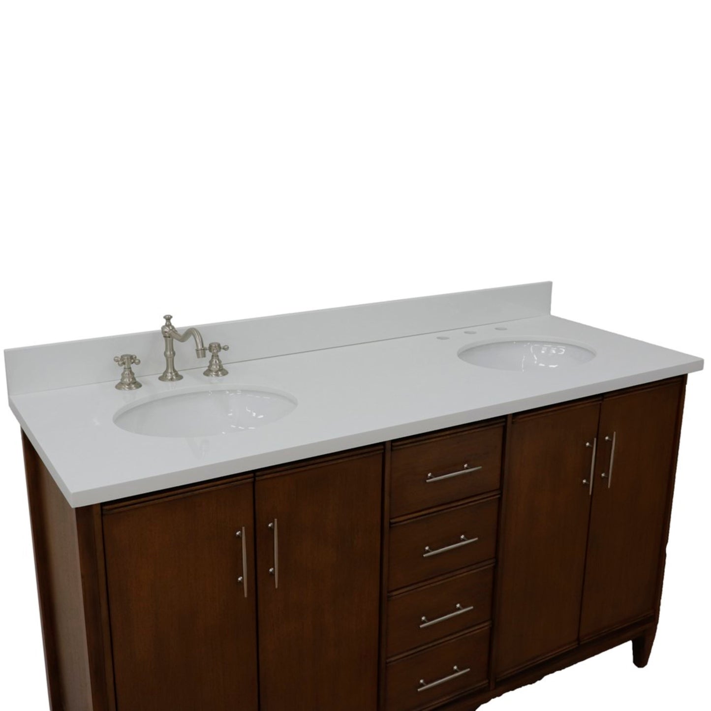 61" Double sink vanity in Walnut finish with White engineered stone and oval sink