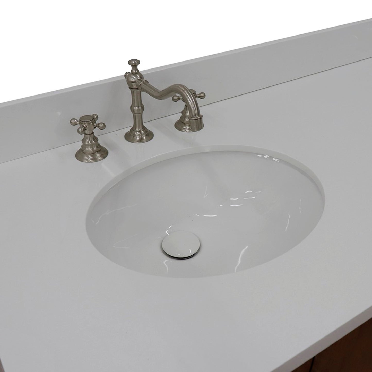 61" Double sink vanity in Walnut finish with White engineered stone and oval sink