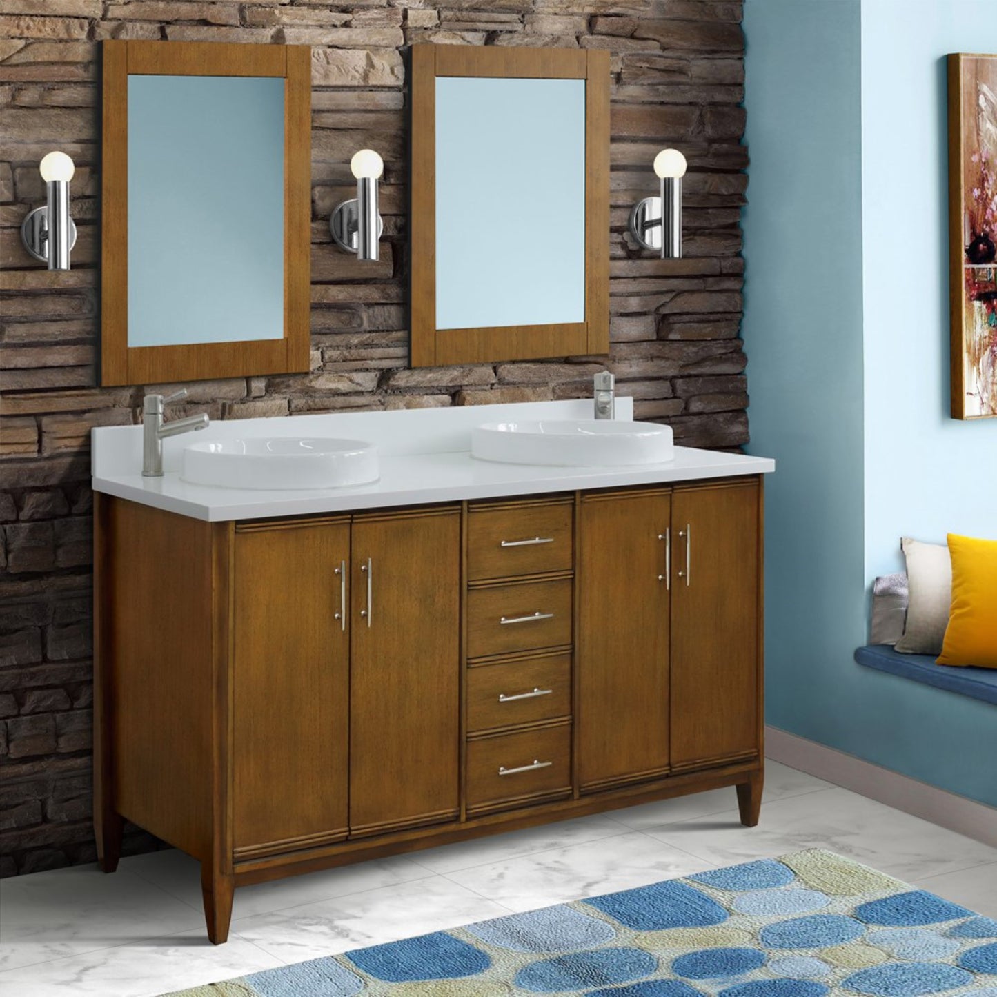 61" Double sink vanity in Walnut finish with White engineered stone and round sink