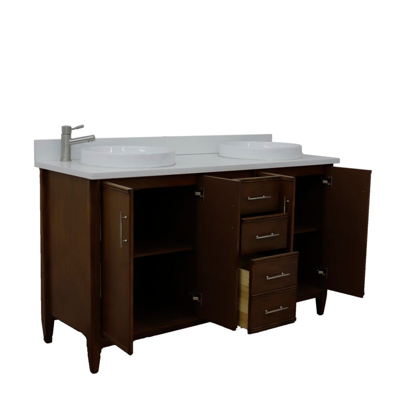 61" Double sink vanity in Walnut finish with White engineered stone and round sink
