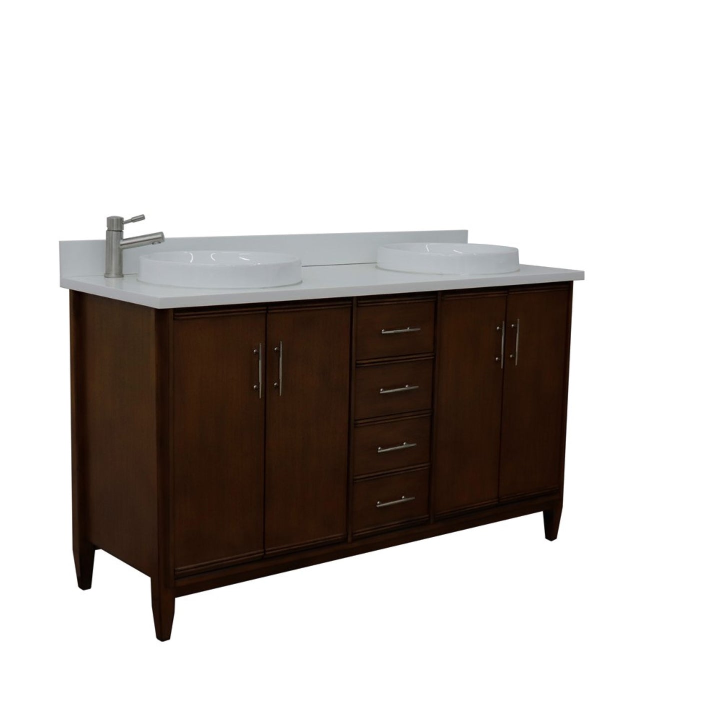 61" Double sink vanity in Walnut finish with White engineered stone and round sink