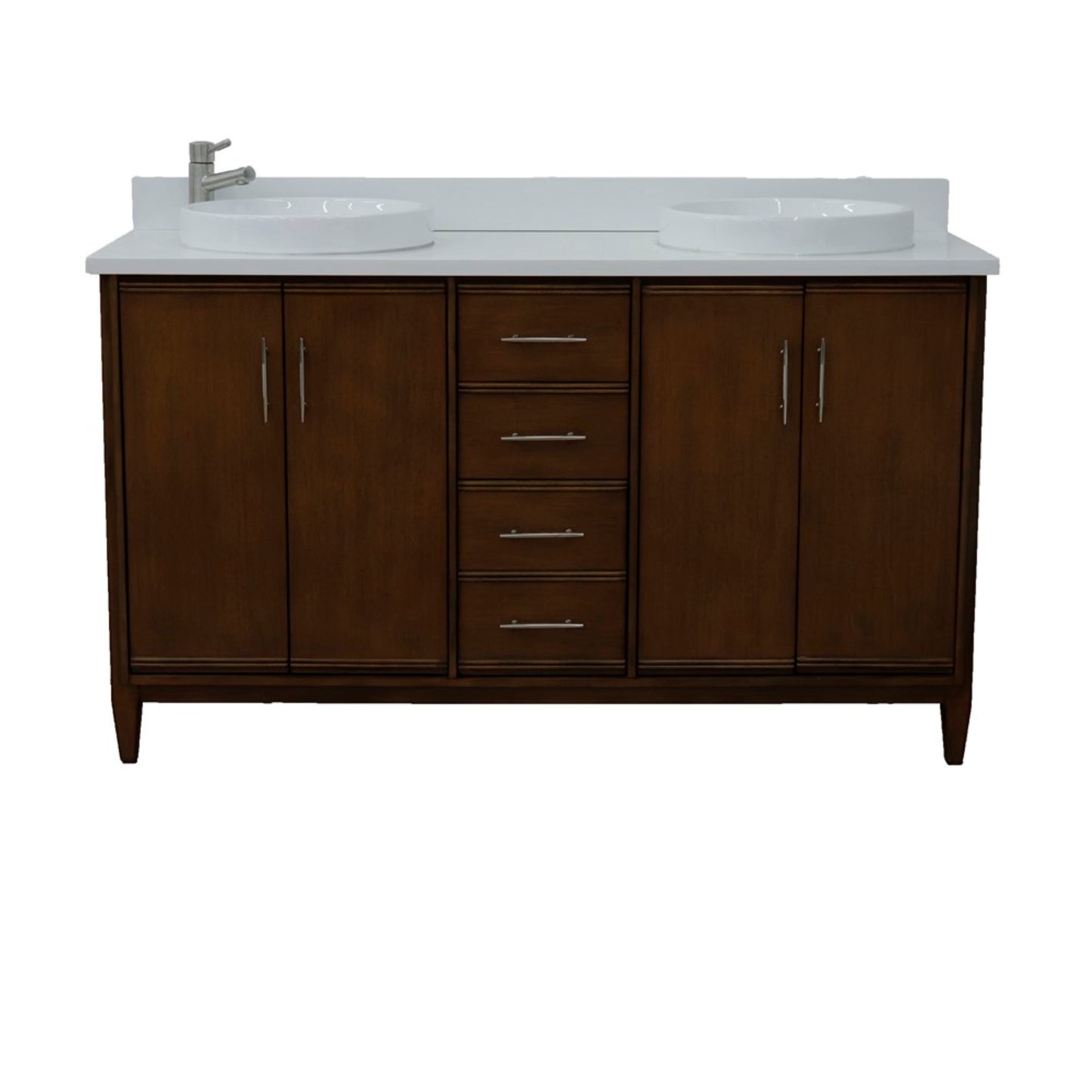 61" Double sink vanity in Walnut finish with White engineered stone and round sink