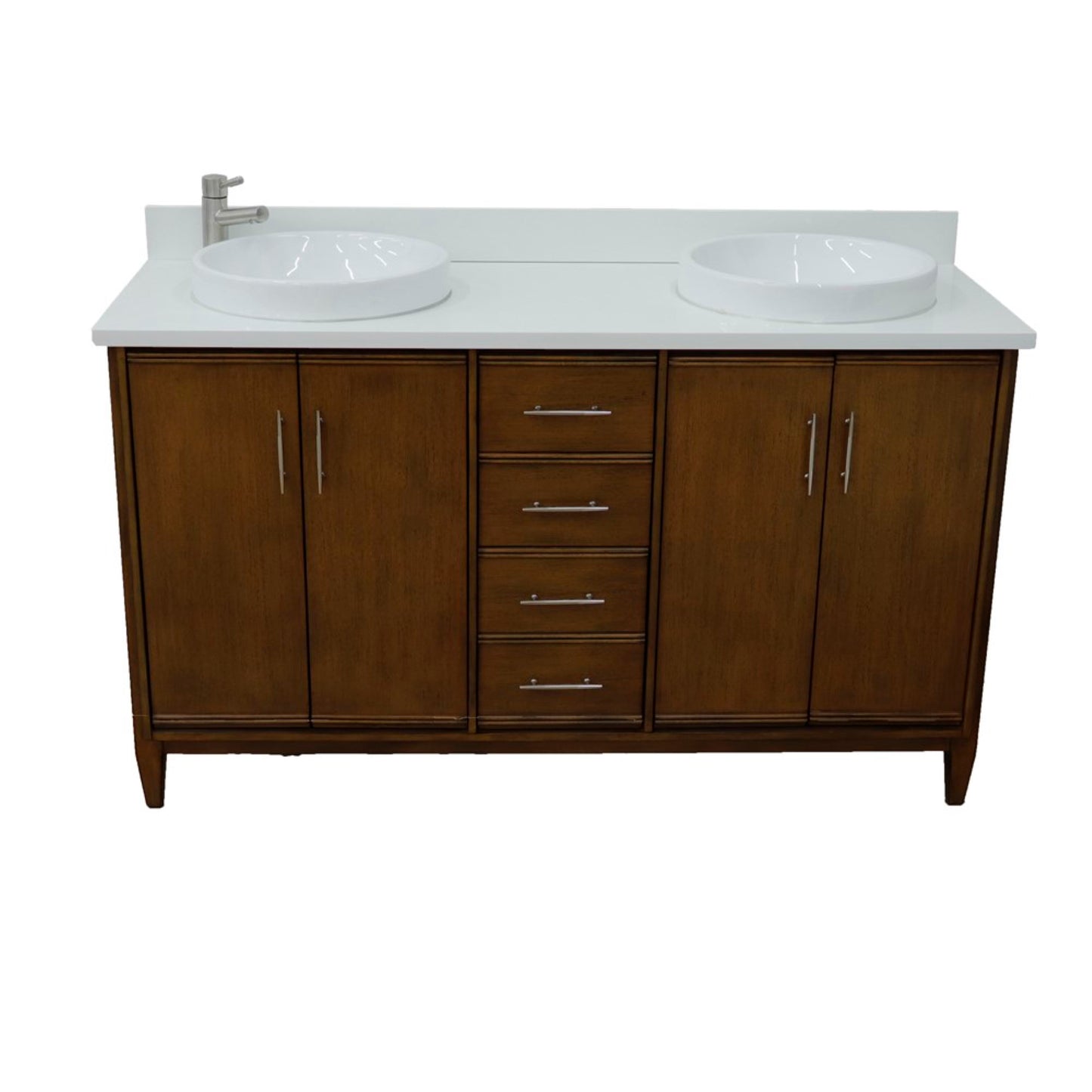 61" Double sink vanity in Walnut finish with White engineered stone and round sink