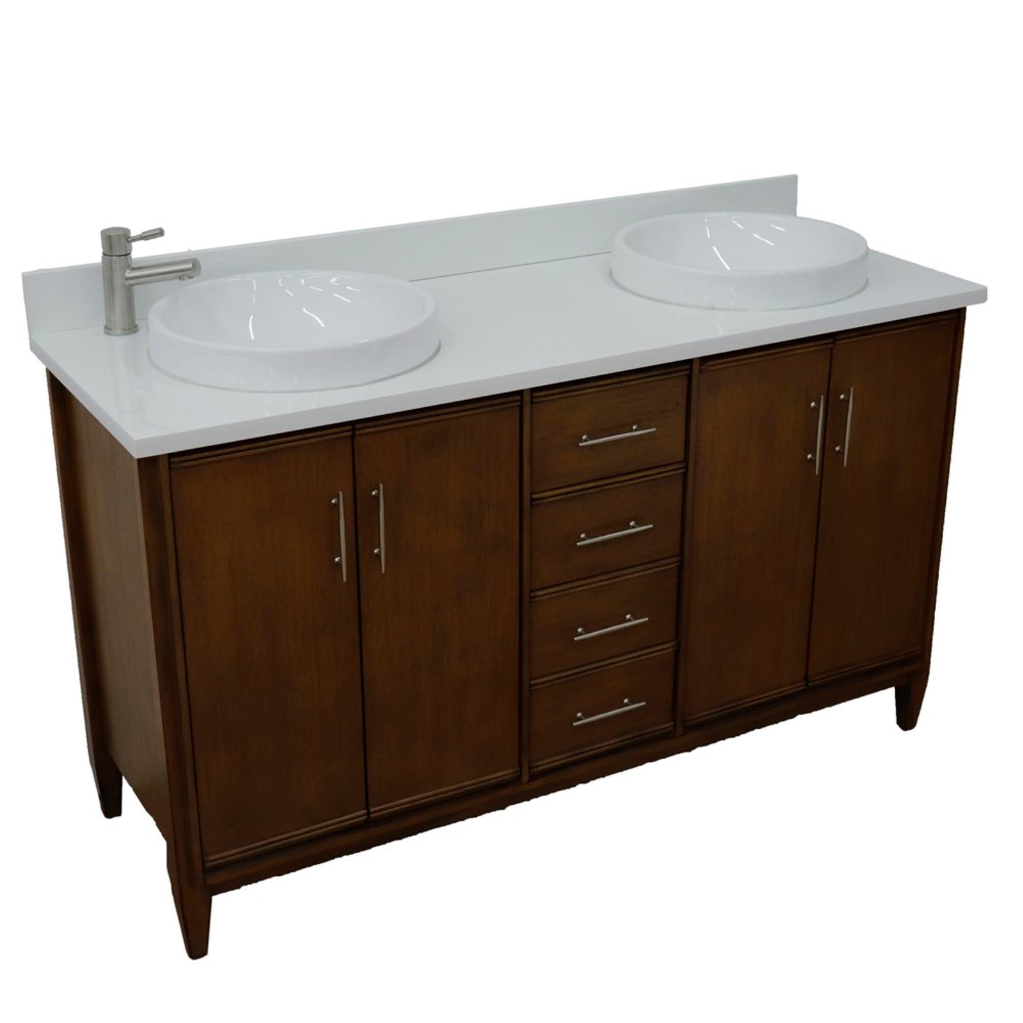 61" Double sink vanity in Walnut finish with White engineered stone and round sink