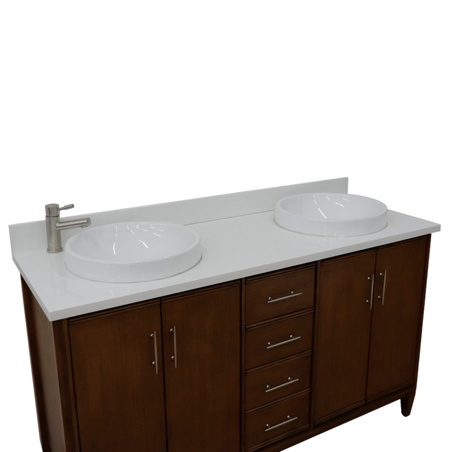 61" Double sink vanity in Walnut finish with White engineered stone and round sink