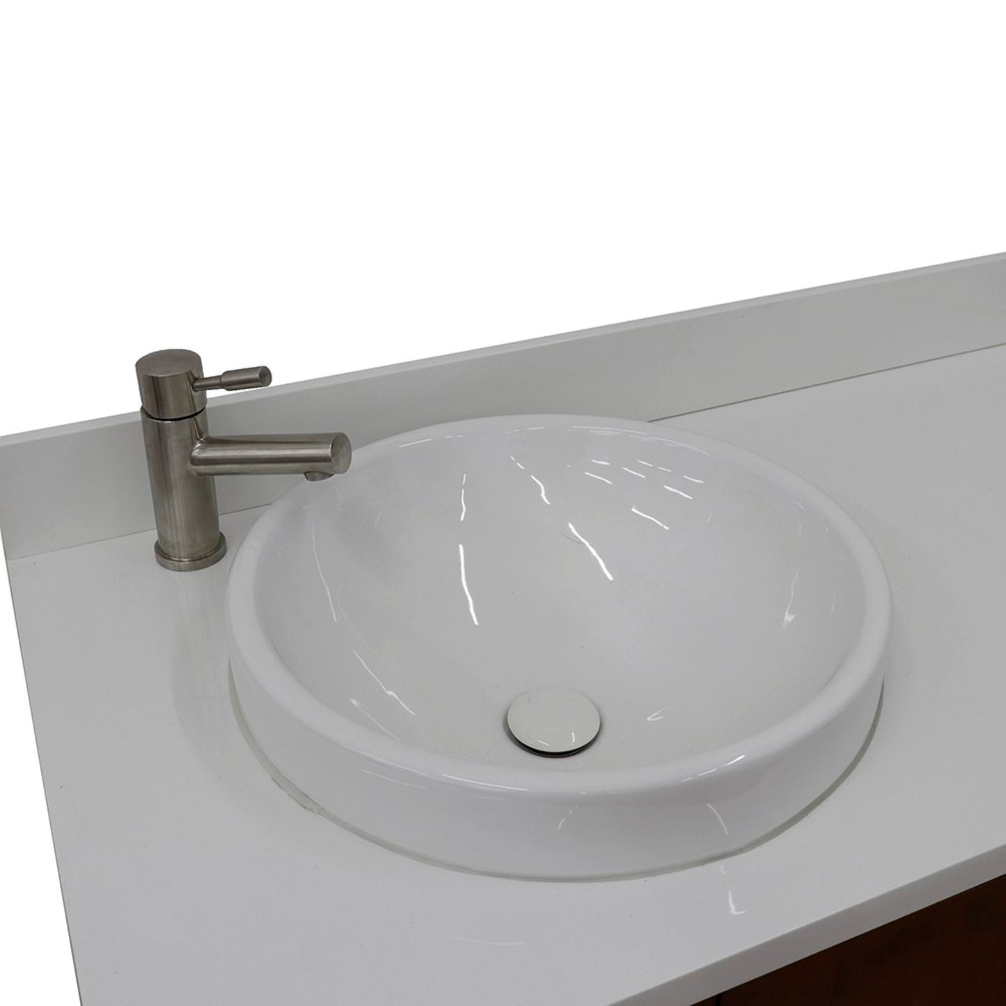 61" Double sink vanity in Walnut finish with White engineered stone and round sink