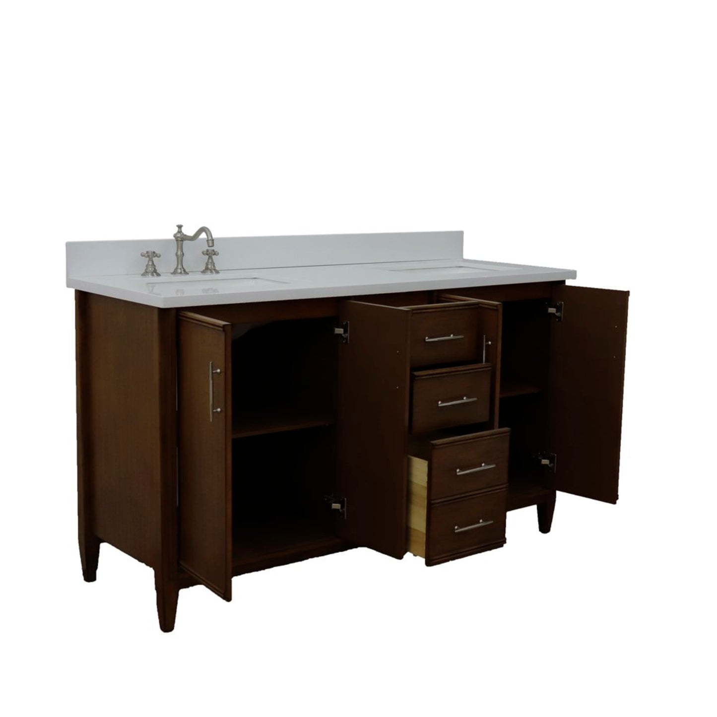 61" Double sink vanity in Walnut finish with White engineered stone and rectangle sink