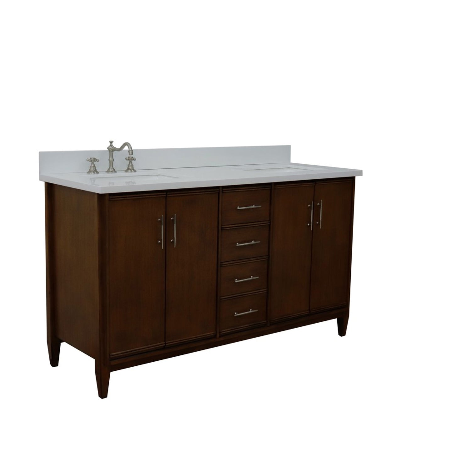 61" Double sink vanity in Walnut finish with White engineered stone and rectangle sink