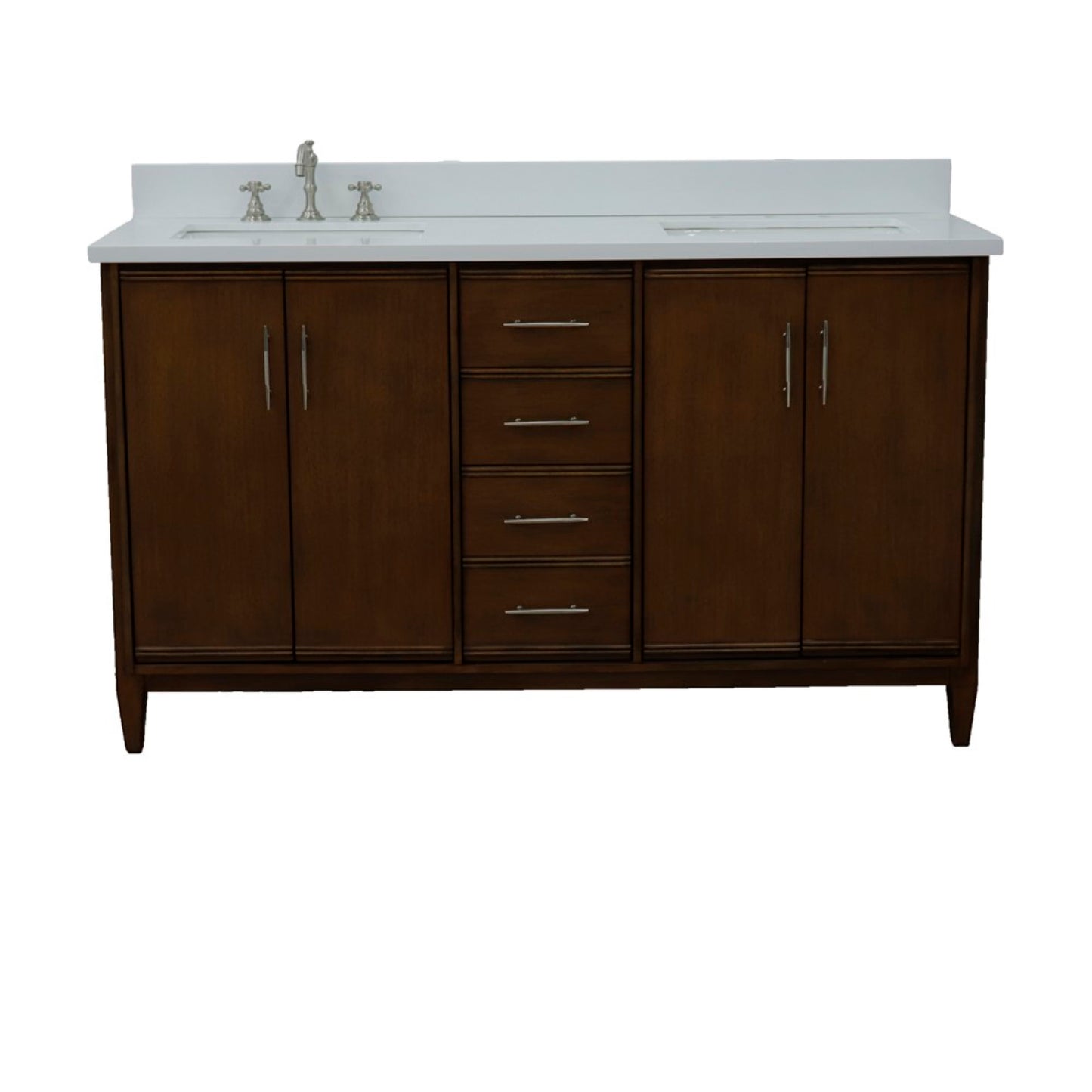 61" Double sink vanity in Walnut finish with White engineered stone and rectangle sink
