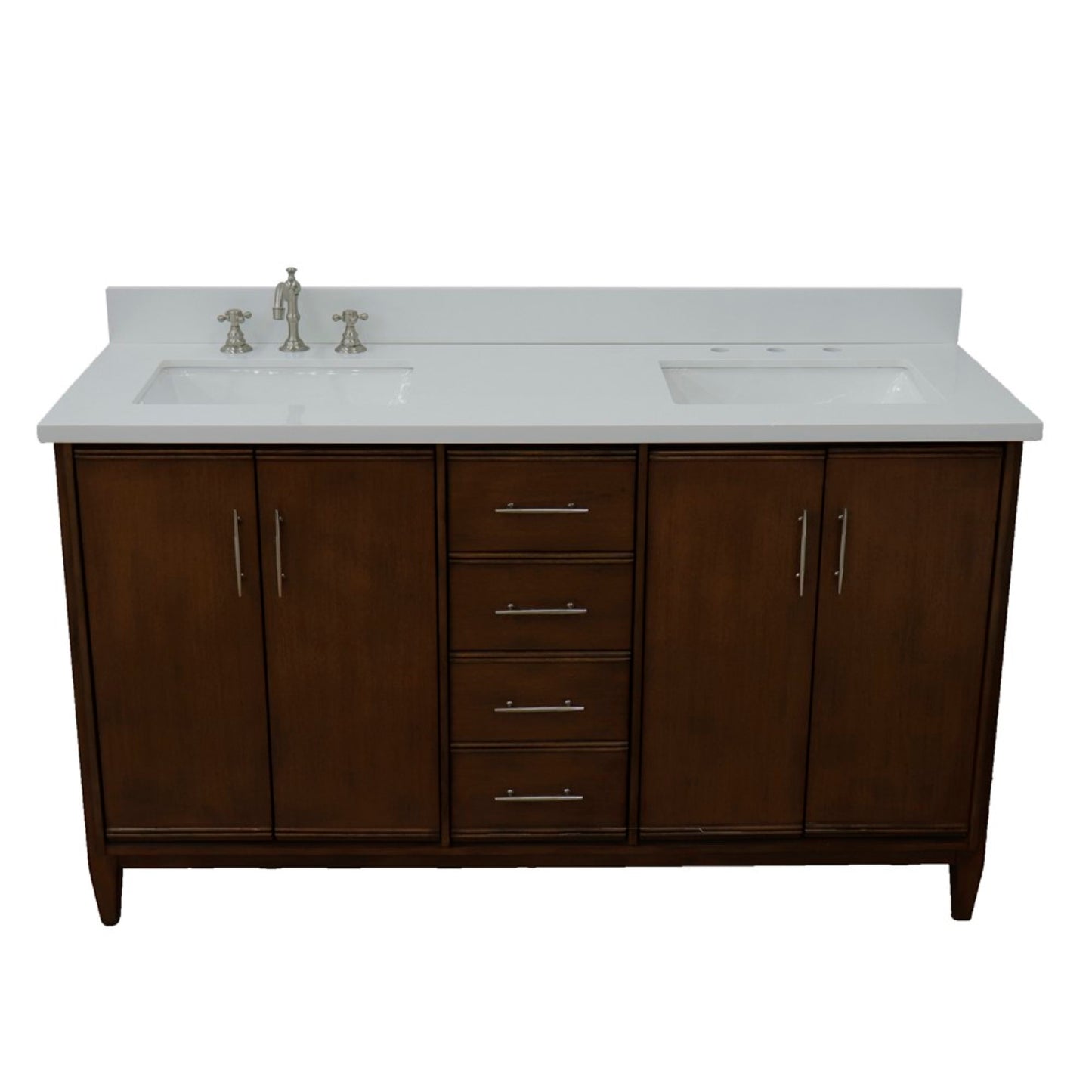61" Double sink vanity in Walnut finish with White engineered stone and rectangle sink