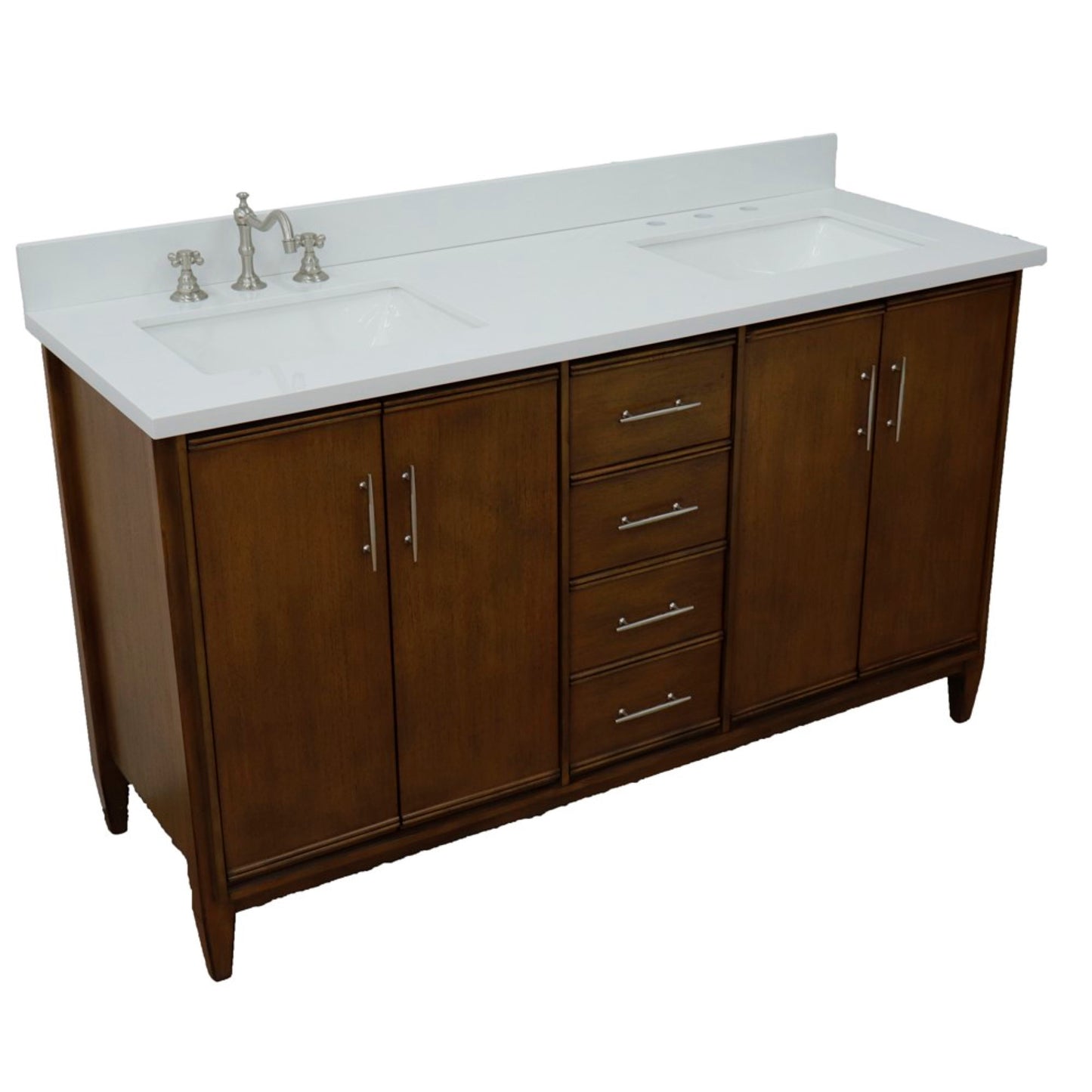 61" Double sink vanity in Walnut finish with White engineered stone and rectangle sink
