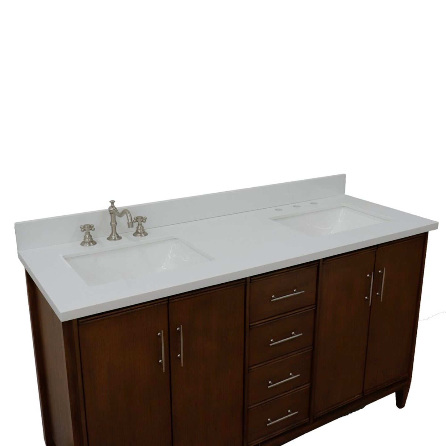 61" Double sink vanity in Walnut finish with White engineered stone and rectangle sink