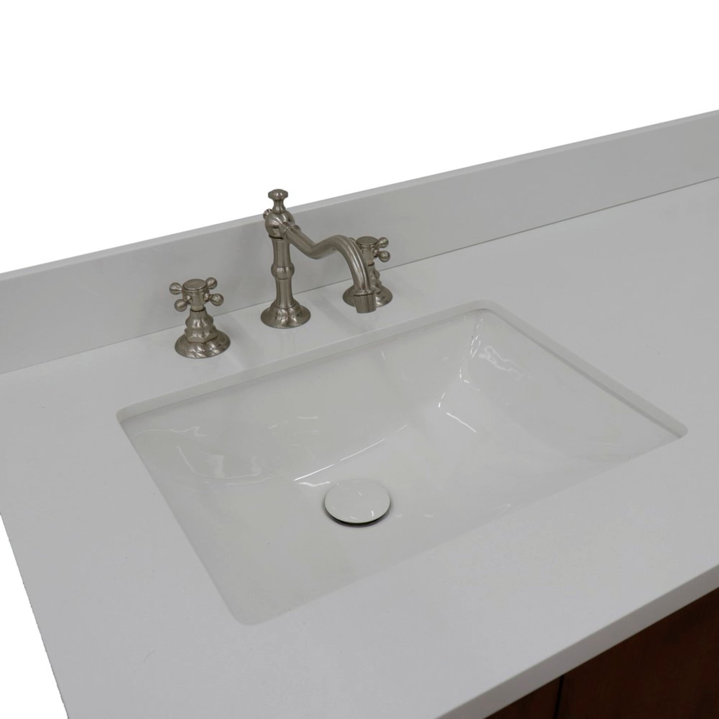 61" Double sink vanity in Walnut finish with White engineered stone and rectangle sink