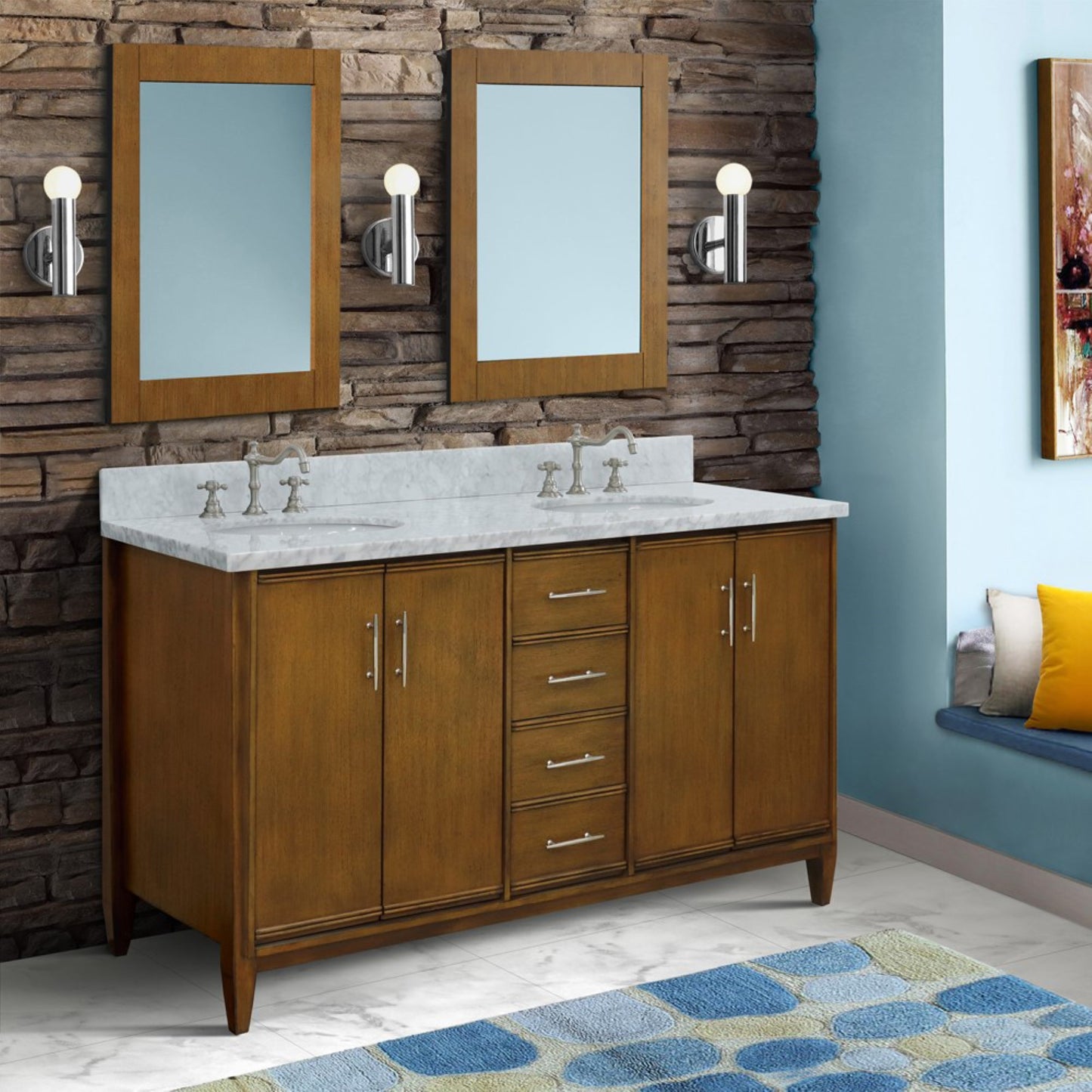 61" Double sink vanity in Walnut finish with White Carrara marble and oval sink