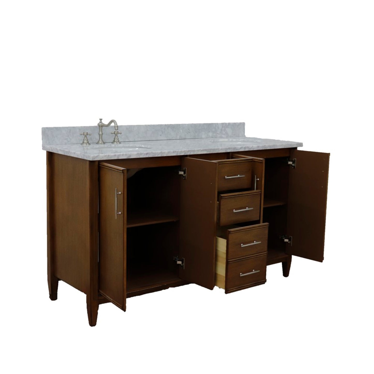 61" Double sink vanity in Walnut finish with White Carrara marble and oval sink