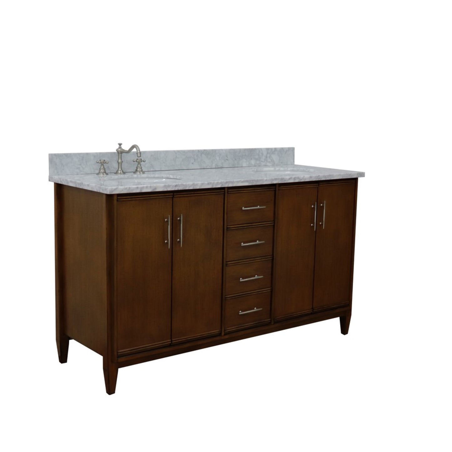 61" Double sink vanity in Walnut finish with White Carrara marble and oval sink