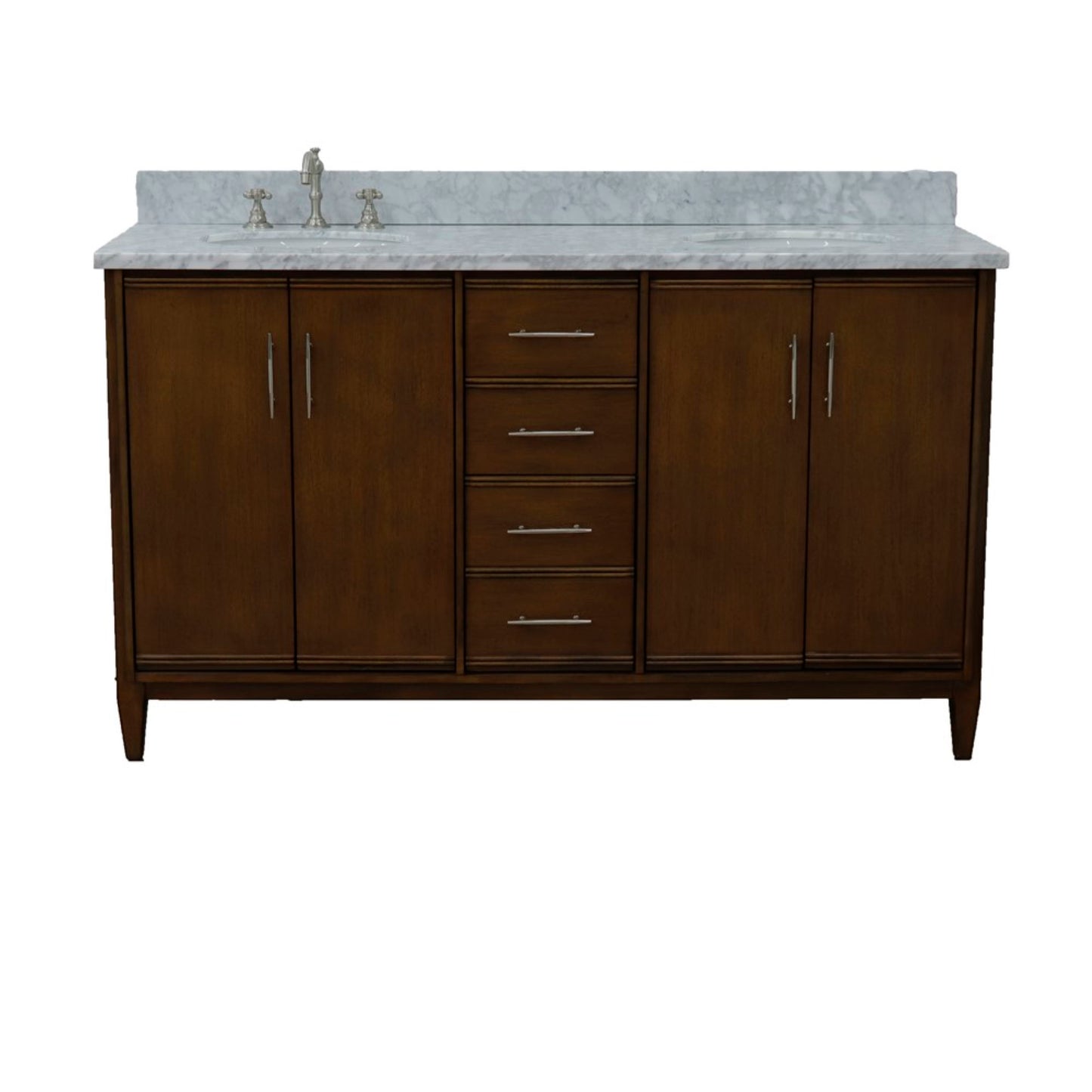 61" Double sink vanity in Walnut finish with White Carrara marble and oval sink