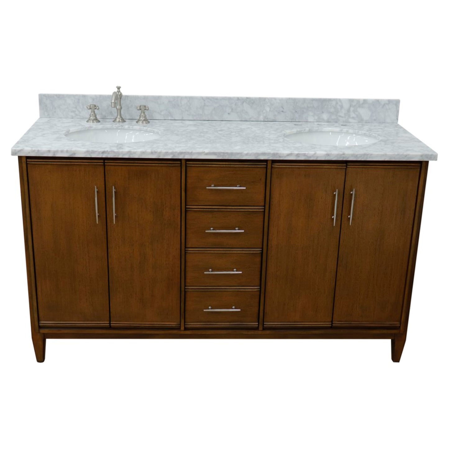61" Double sink vanity in Walnut finish with White Carrara marble and oval sink