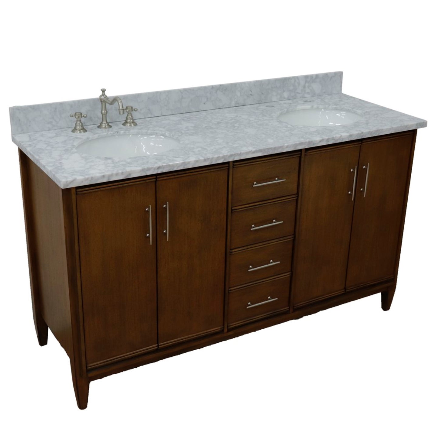 61" Double sink vanity in Walnut finish with White Carrara marble and oval sink