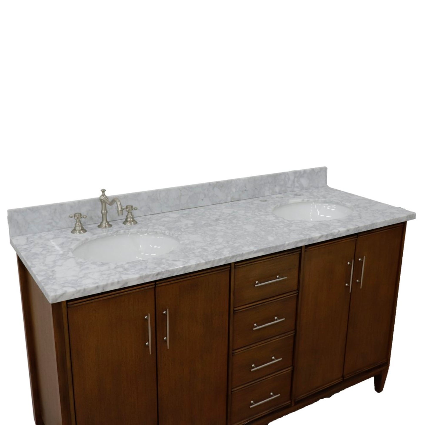 61" Double sink vanity in Walnut finish with White Carrara marble and oval sink