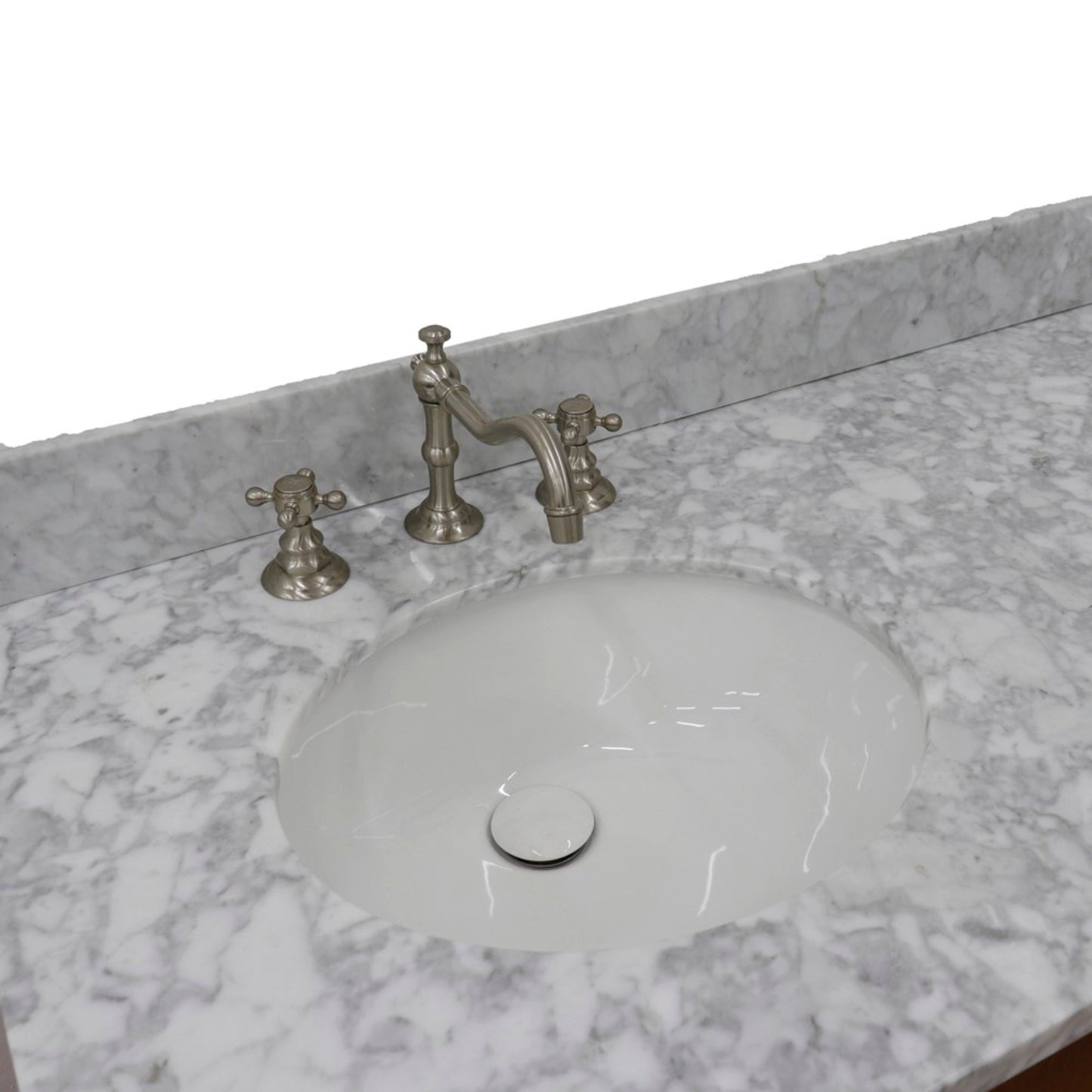 61" Double sink vanity in Walnut finish with White Carrara marble and oval sink