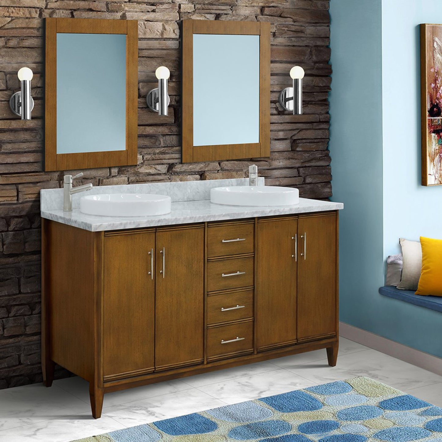61" Double sink vanity in Walnut finish with White Carrara marble and round sink