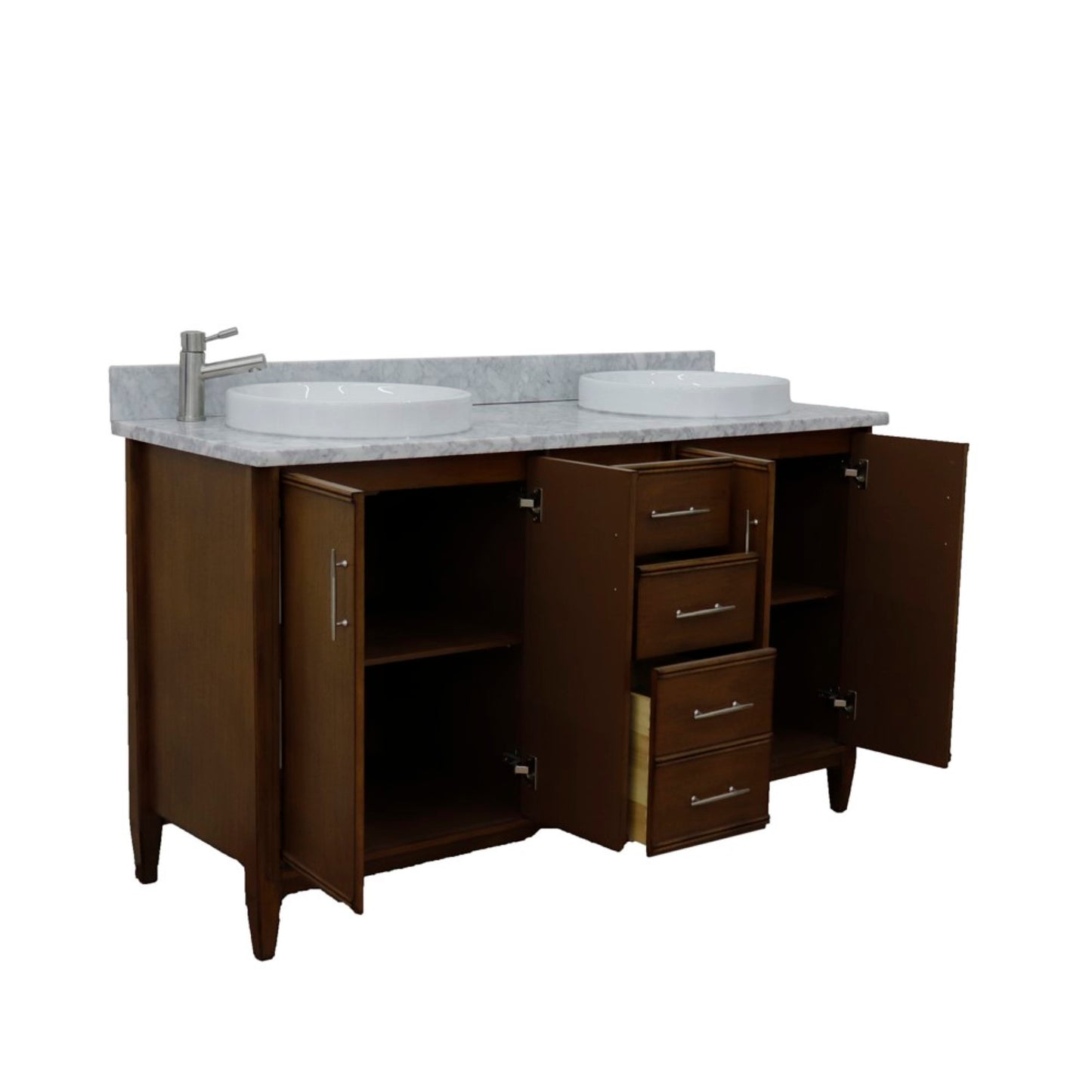 61" Double sink vanity in Walnut finish with White Carrara marble and round sink