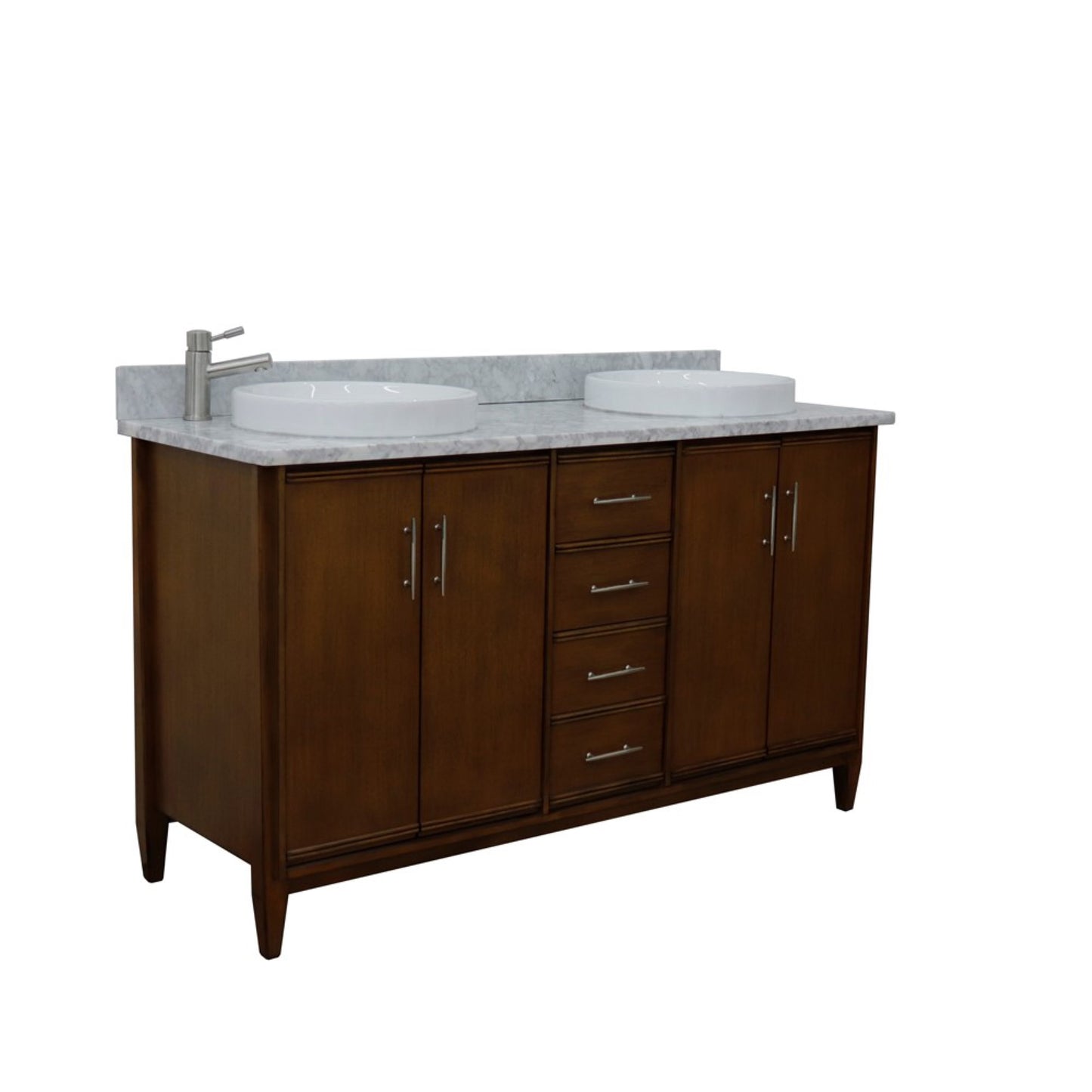 61" Double sink vanity in Walnut finish with White Carrara marble and round sink