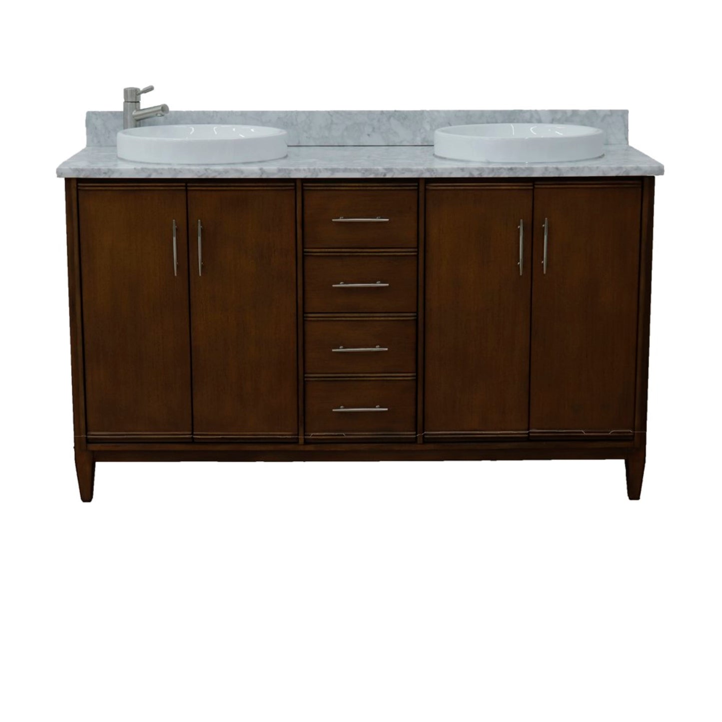 61" Double sink vanity in Walnut finish with White Carrara marble and round sink