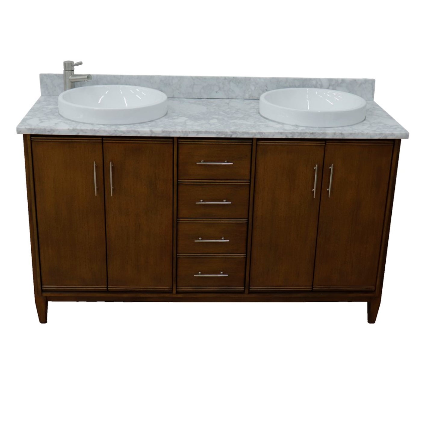 61" Double sink vanity in Walnut finish with White Carrara marble and round sink