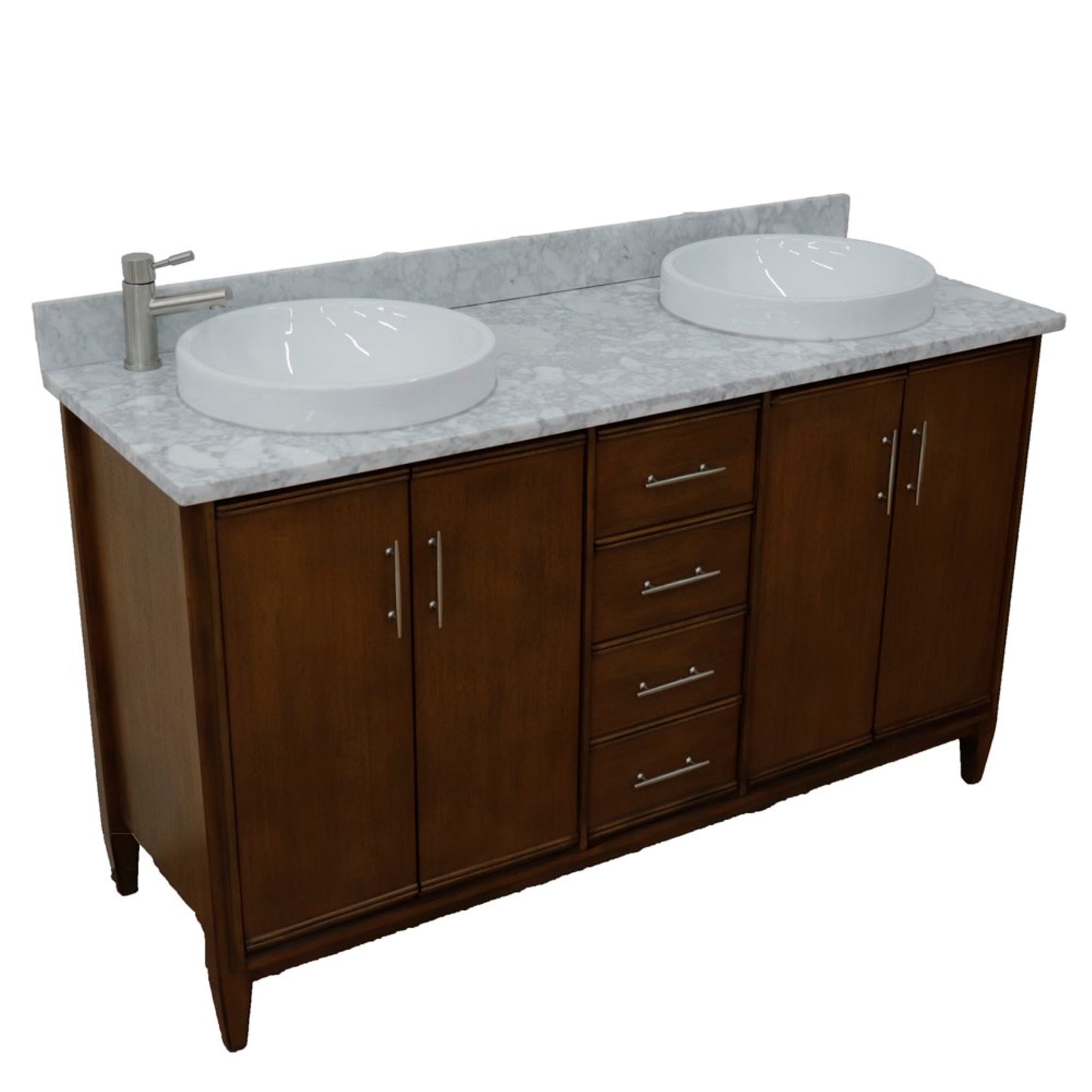 61" Double sink vanity in Walnut finish with White Carrara marble and round sink