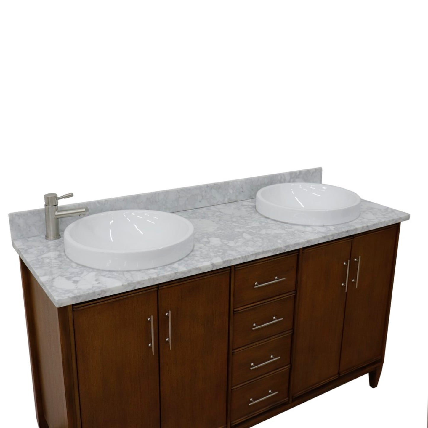61" Double sink vanity in Walnut finish with White Carrara marble and round sink
