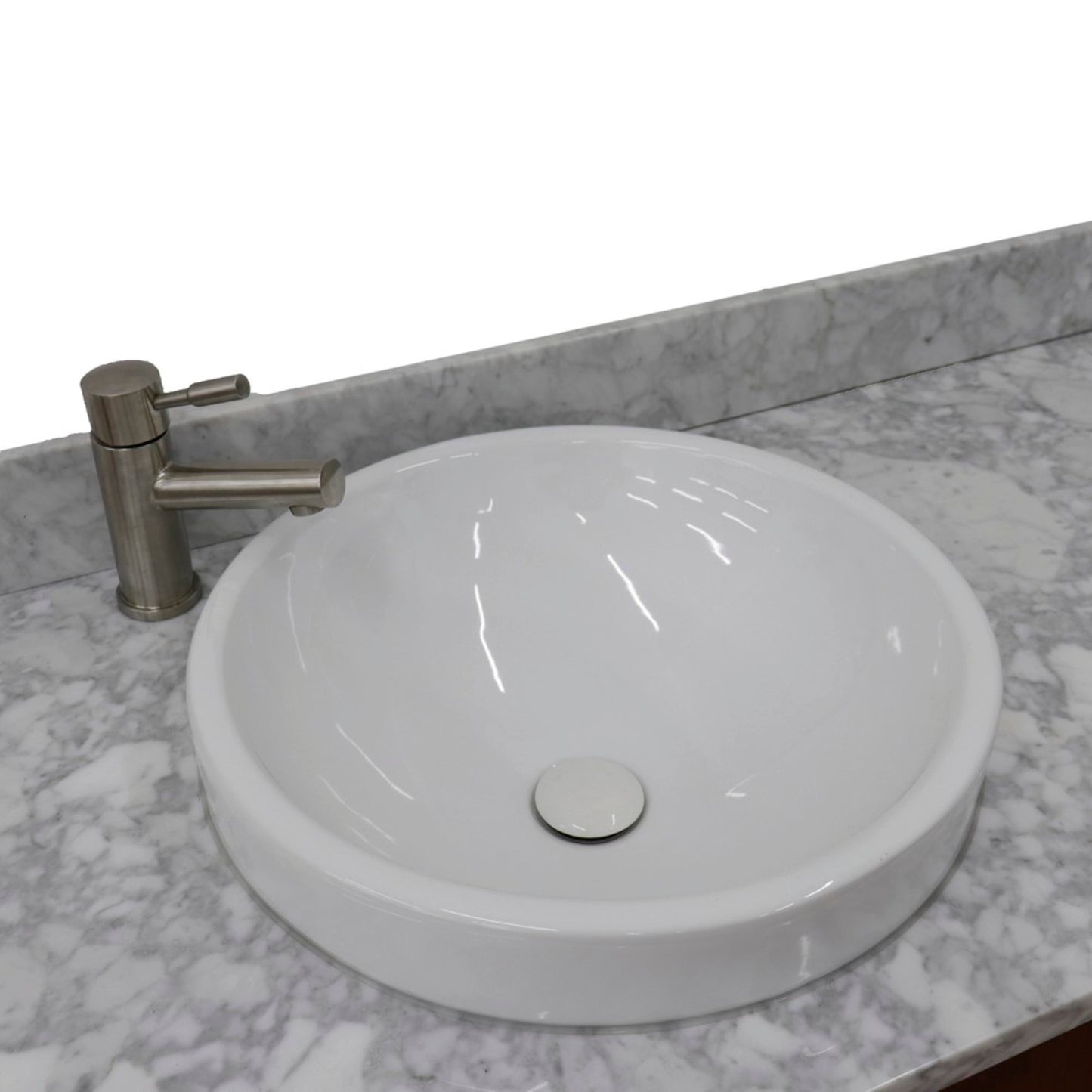 61" Double sink vanity in Walnut finish with White Carrara marble and round sink