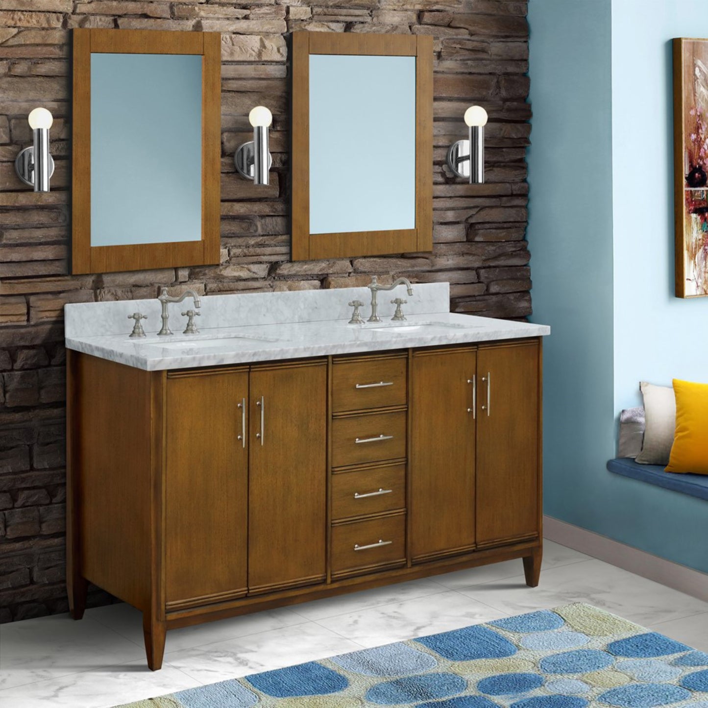 61" Double sink vanity in Walnut finish with White Carrara marble and rectangle sink