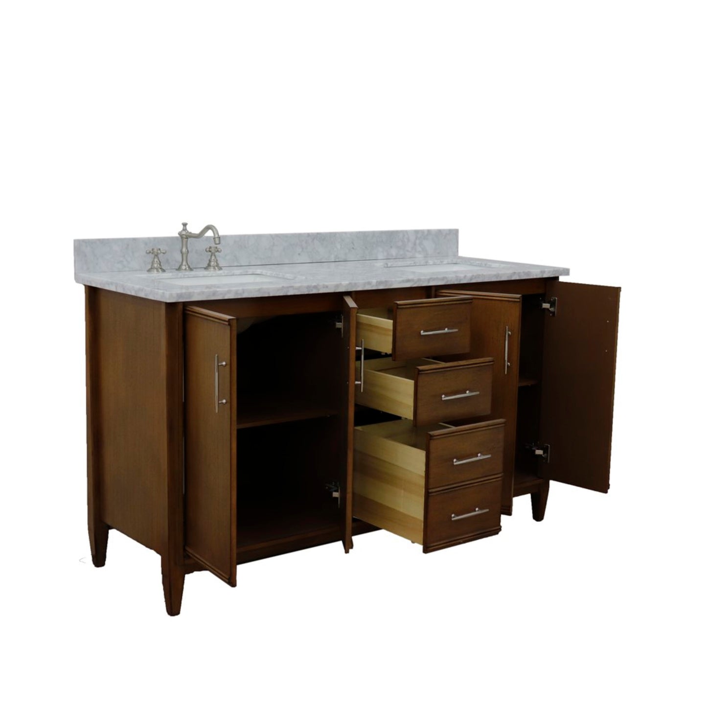 61" Double sink vanity in Walnut finish with White Carrara marble and rectangle sink